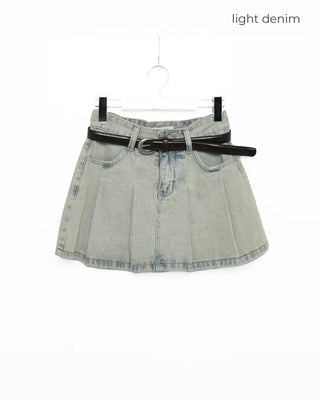 (Belt set) Denim pleated mini skirt