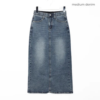 Back-slit denim long skirt