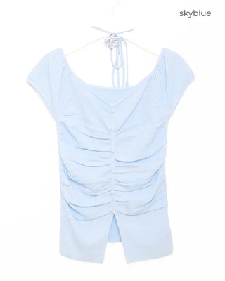 Flower Strap Heart Neck Shirring Short Sleeve T-Shirt