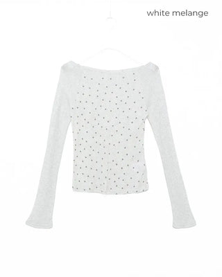 Boat neck polka dot ribbed long T-shirt
