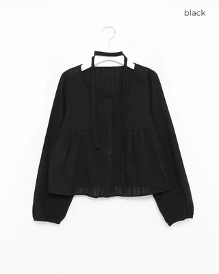 (Set) Punching Lace Tie Blouse