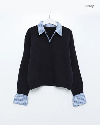Check shirt layered knit detail