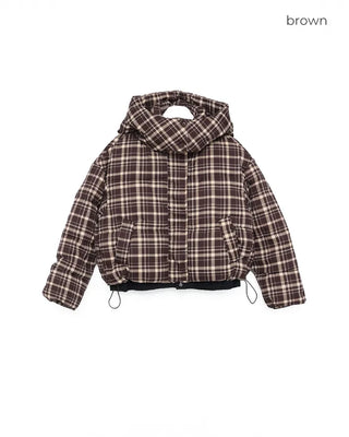 Tartan check hooded short down jacket