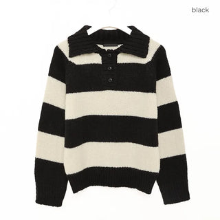 Striped button collar knit