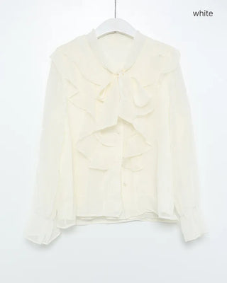 Neck strap ruffle chiffon blouse
