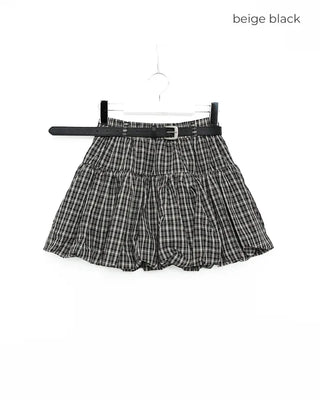 Belted check balloon mini skirt