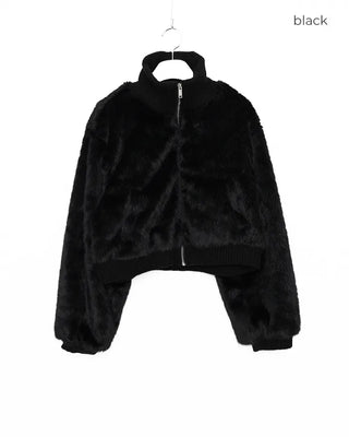 High-neck cropped fur jacket