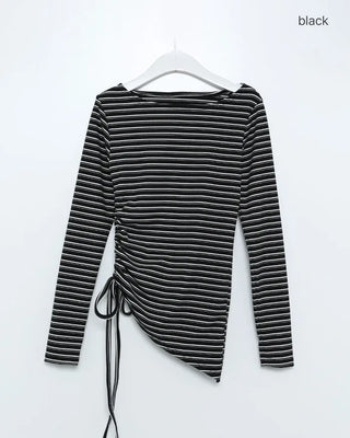 Striped Slim Shirred Long-Sleeve T-Shirt