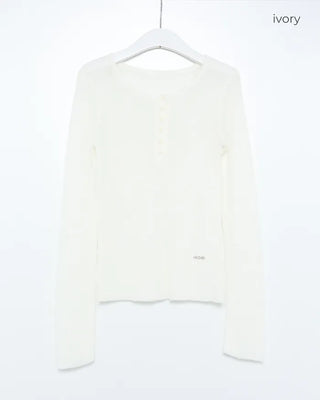 Henley neck sheer ribbed knit