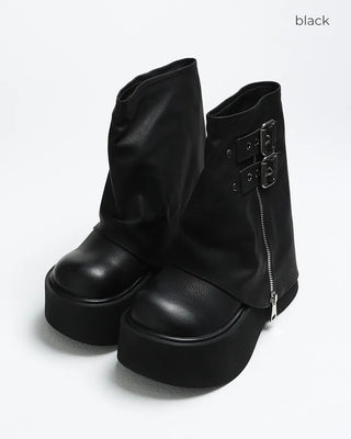 Buckle Zipper Leather Mid-Calf Boots