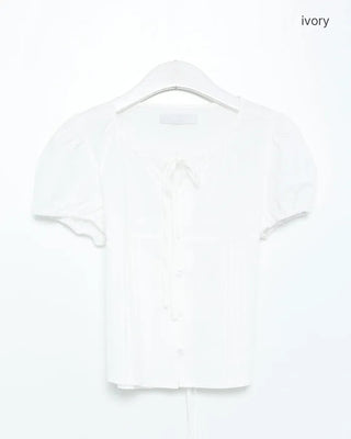 Pintuck puff sleeve ribbon tie blouse