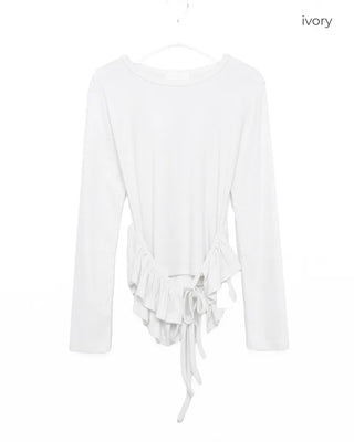 Waist frill long-sleeve T-shirt