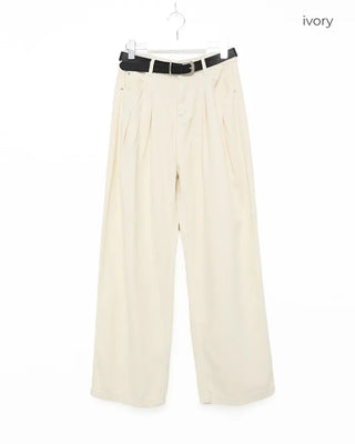 Double-pleated cotton wide-leg pants and belt set