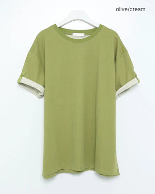 (Unisex) Roll-up Point Bi-color Short-Sleeve T-Shirt