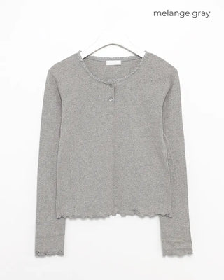 Half-button frill ribbed long T-shirt