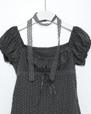 Dot Square Neck Shirred Strap Point T-Shirt