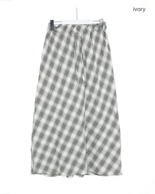 Checked elastic waist string long skirt