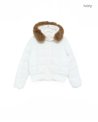 Loop button attached fur hood short down jacket