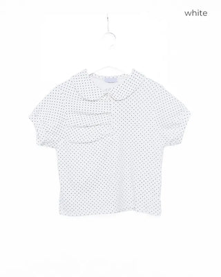 Round Collar Gathered Polo Neck Dot Puff T-Shirt