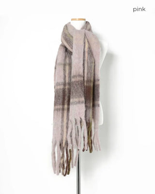 Wool mix check big fringe scarf