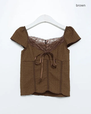 Cup-attached lace ribbon shirred top