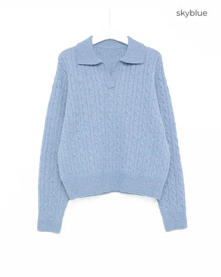 Open-collar cable knit sweater