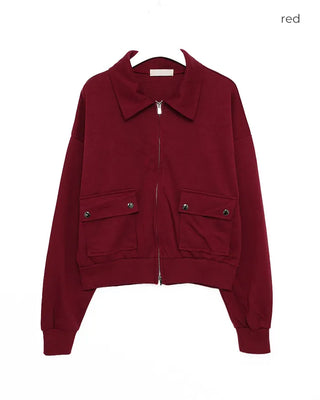 Flap pocket collar neck double zip sweatshirt