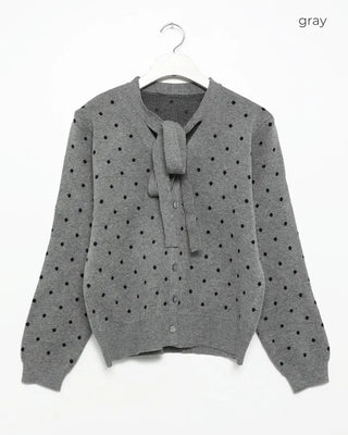 Polka Dot Ribbon Tie Knit Cardigan