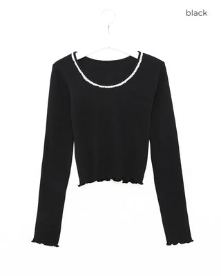 Lace neck long-sleeve T-shirt