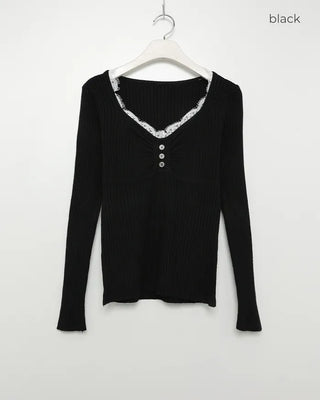 Lace neckline ribbed knit