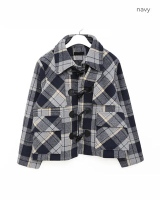 Checked short duffel coat