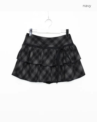 Ribbon check tiered mini skirt