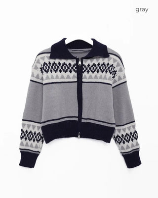 Nordic pattern knit zip-up