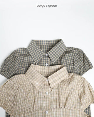 Checked Shirred Puff Sleeve Blouse