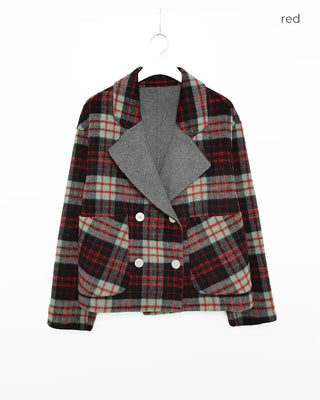 Wide-neck check double-breasted jacket