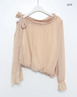 Chiffon Shirring Asymmetrical Ribbon Blouse