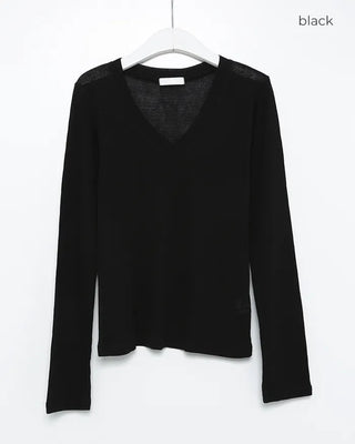 V-neck wool Tencel ribbed sheer long T-shirt