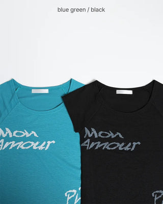 Lettering off-shoulder short-sleeved T-shirt