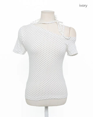 Dot Asymmetric Off-Shoulder Short-Sleeve T-Shirt