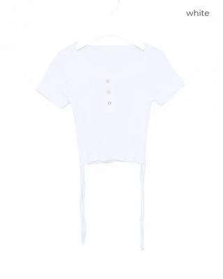 Side Shirring Button Half Sleeve T-Shirt