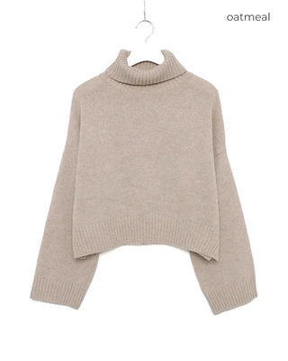 Side-slit cropped turtleneck knit