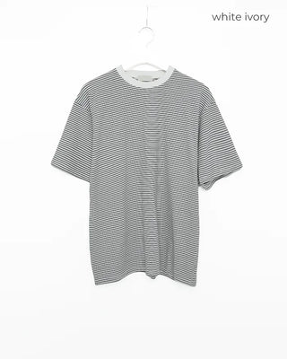 (Unisex) Striped Round Neck Short Sleeve T-Shirt