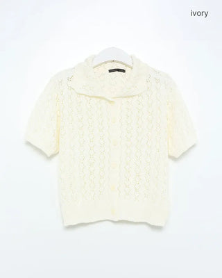 Perforated knit polo cardigan