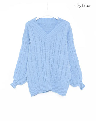 V-neck Cable Balloon Sleeve Long Knit
