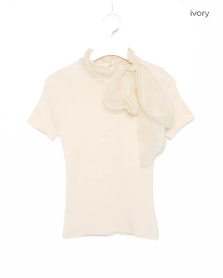 Scarf Ribbon Neck Short Sleeve Knit