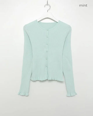 Frilled round neck ribbed cardigan