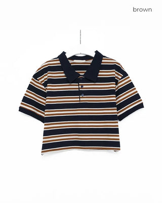 Double-border color polo neck cropped T-shirt