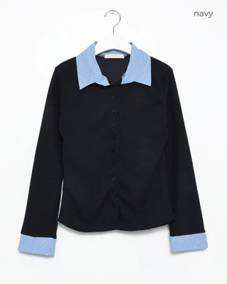 Shirt-layered button cardigan
