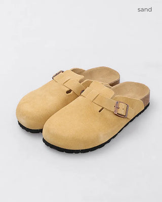 Suede texture buckle mules