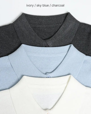Colored neck button short-sleeved knit